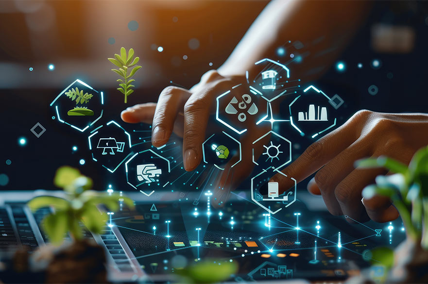 Hands typing on a tablet with sustainability holograms appearing from it.