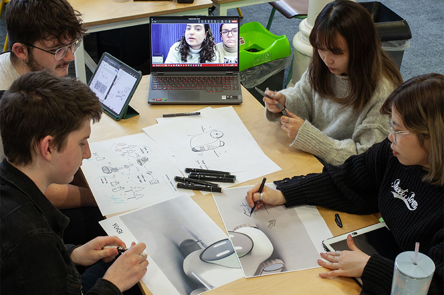 NTU students working on their designs whilst on the State School of Design call with their partners at 
