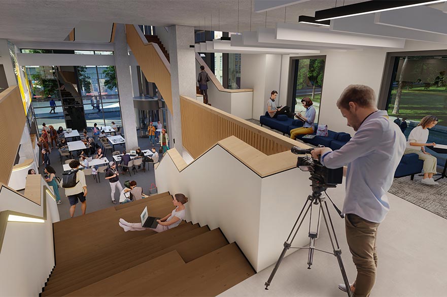 Render of the interior of the DaDa building of students working and lounging.