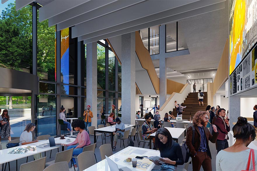 Render of the interior of the new DaDa building with students and staff walking and sitting in the cafeteria 
