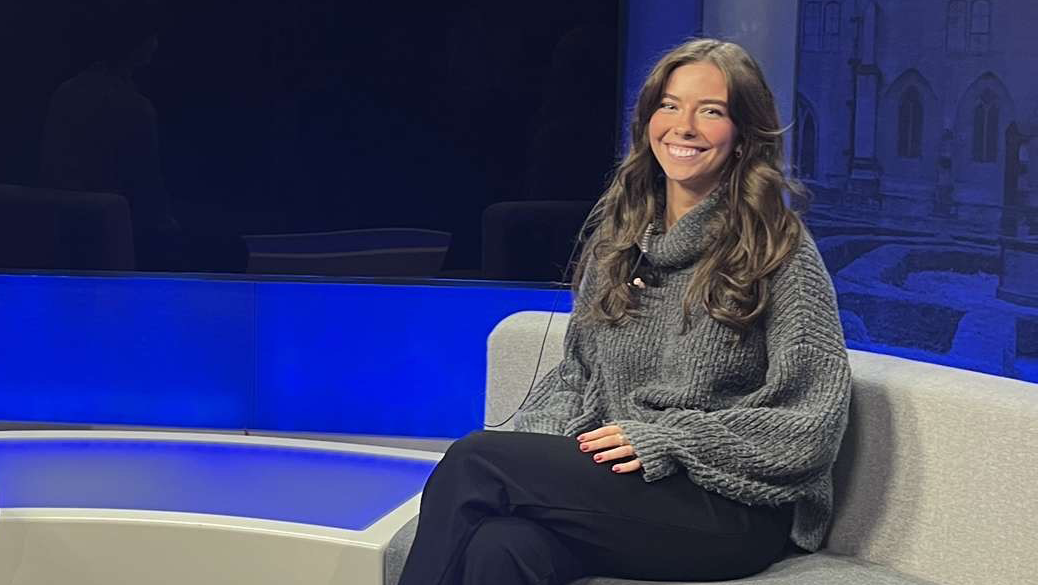 Broadcast Journalism graduate Lucy Marshall in the CBJ studio
