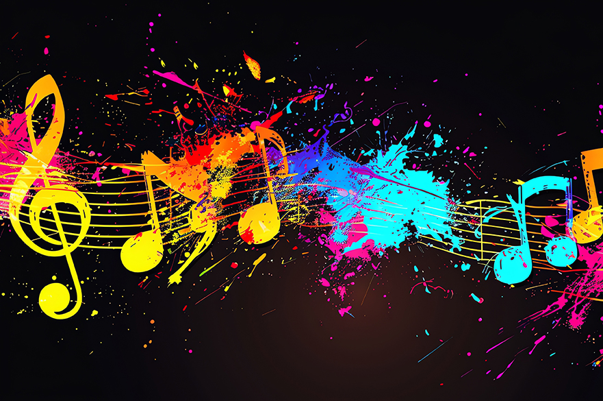 A dark background with a brightly coloured musical stave, with a treble clef, musical notes and splashes of colour.