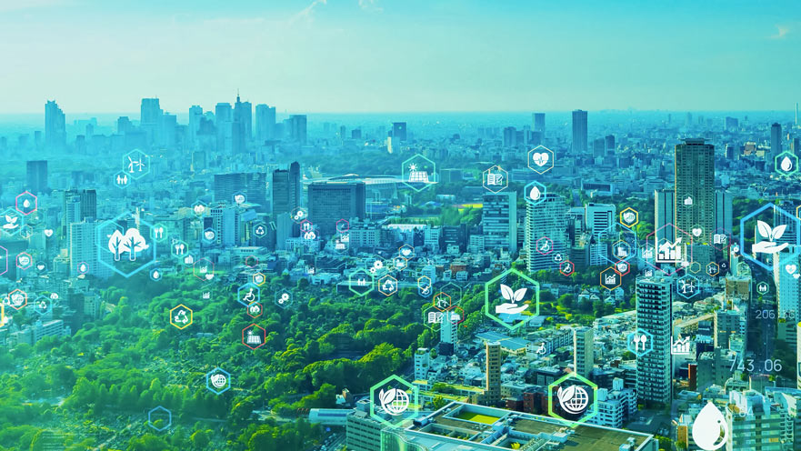 City landscape with ecology icons