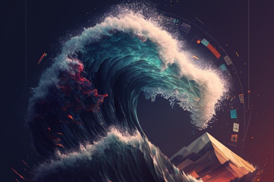 Graphic image of wave with data circling around it