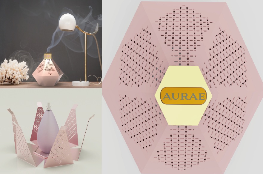 A perfume bottle made from tinplate with perforated sides, shown from the top, from the side, and opened up. Smoke or a mist of fragrance is coming out of the top, indicating it can be used as an incense burner.