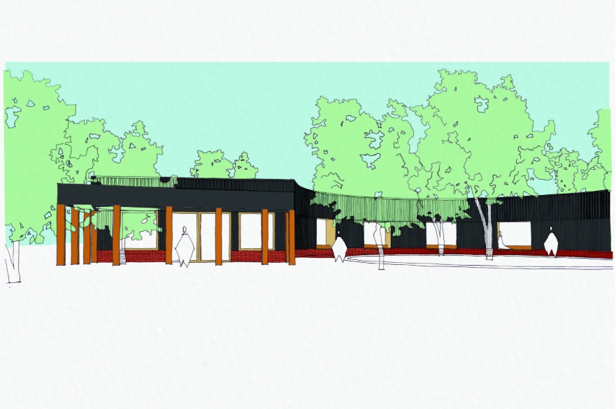 Sketch of a library surrounded by trees