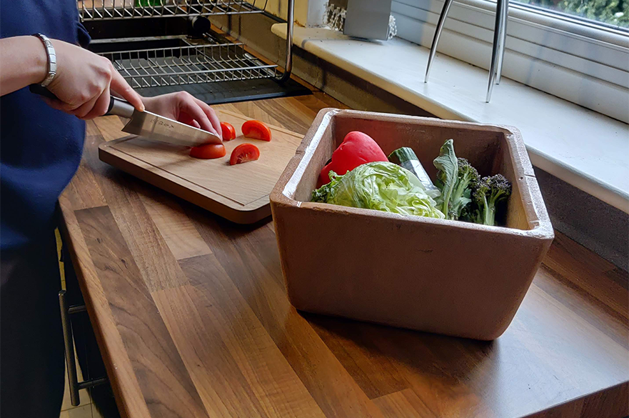 Terracotta food container with vegetables in it