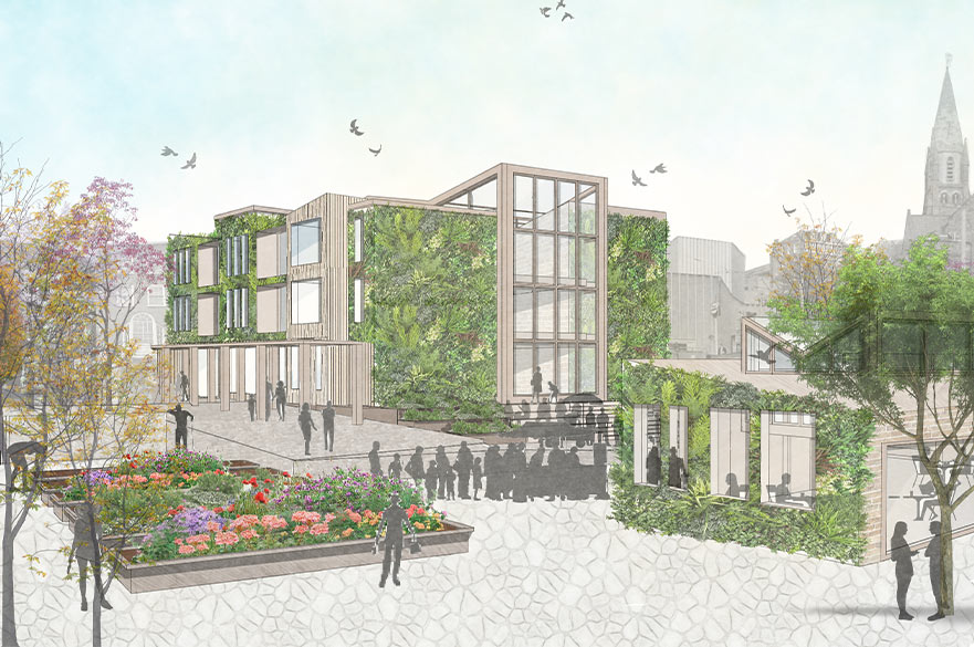 Render of a modern building with large windows and greenery on its facade