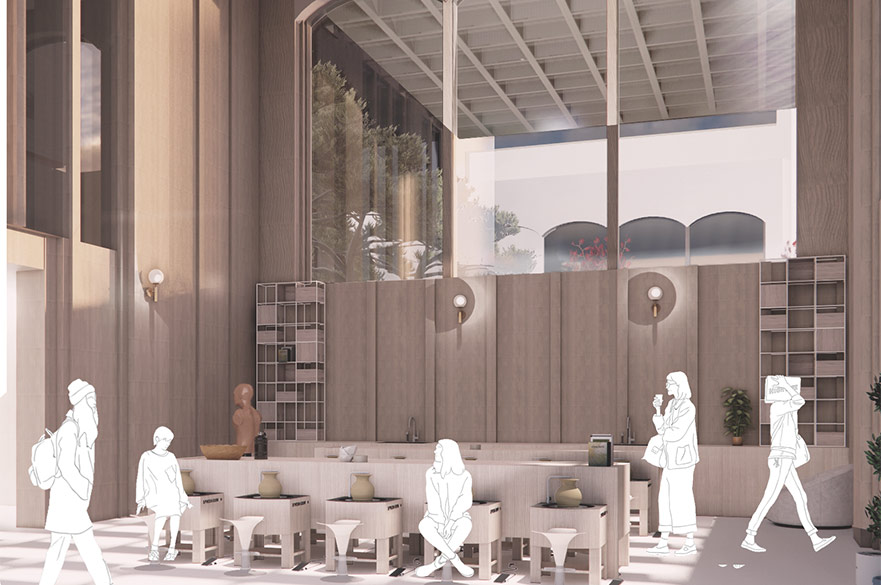 Render of the inside of a building with tall ceilings, large windows and silhouettes of people walking.