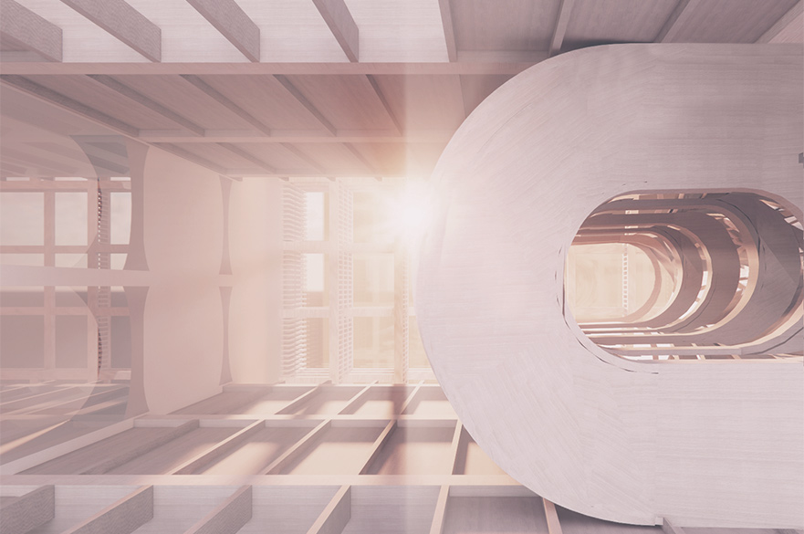 Render of a rooftop of a building, being viewed from the ground up.