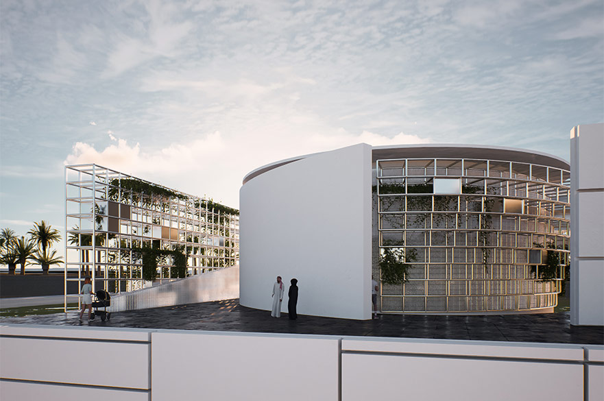 Render or a metallic round building with people walking in front of it and the sunset behind it.