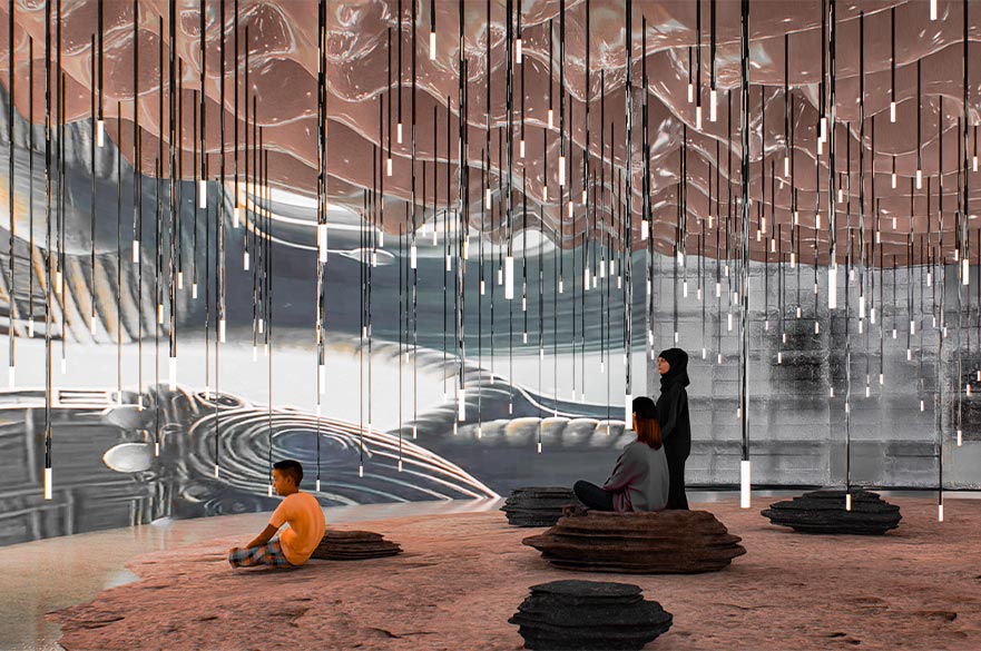 Render of the interior of a modern building with lights dangling from the ceiling and people sitting and enjoying the view