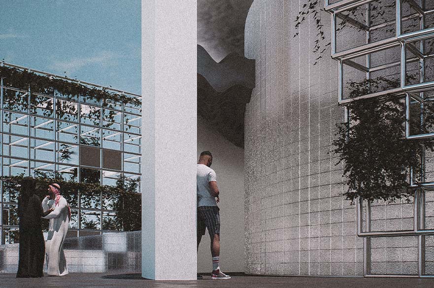 Render of the outside of a modern and rounded building, with people walking outside