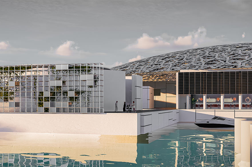 Render of the outside of a modern and round building.