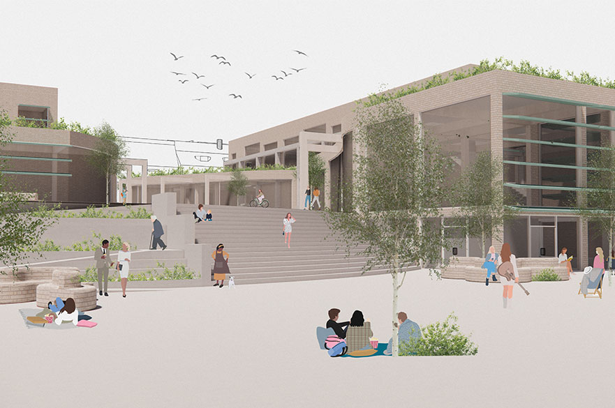 Render of a building with people sitting outside and walking in and out of it.