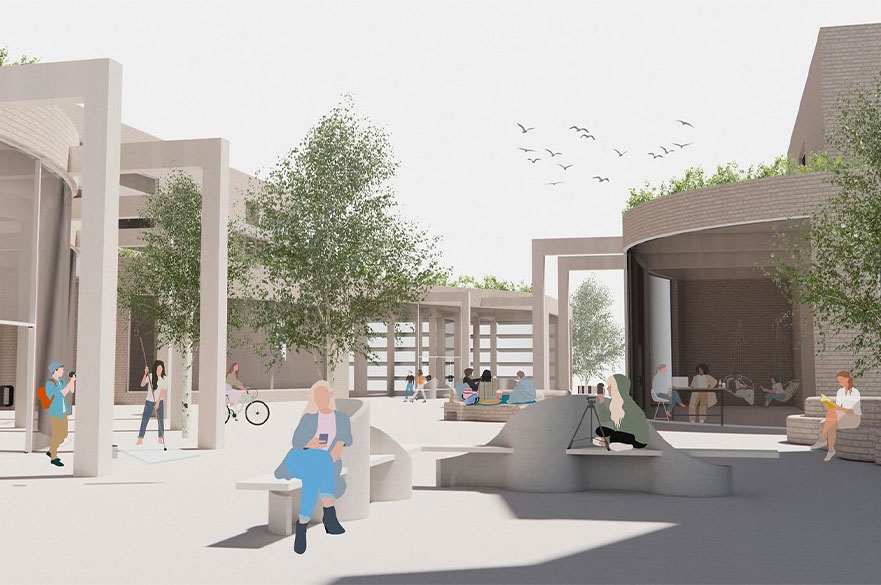 Render of a building with a courtyard and people relaxing and walking