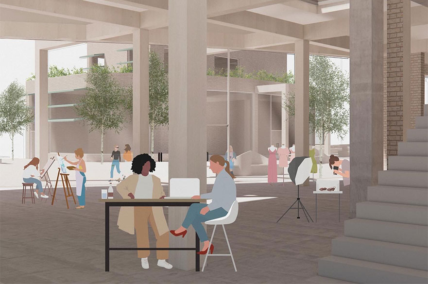 Render of an indoor courtyard with people sitting on a table and doing activies