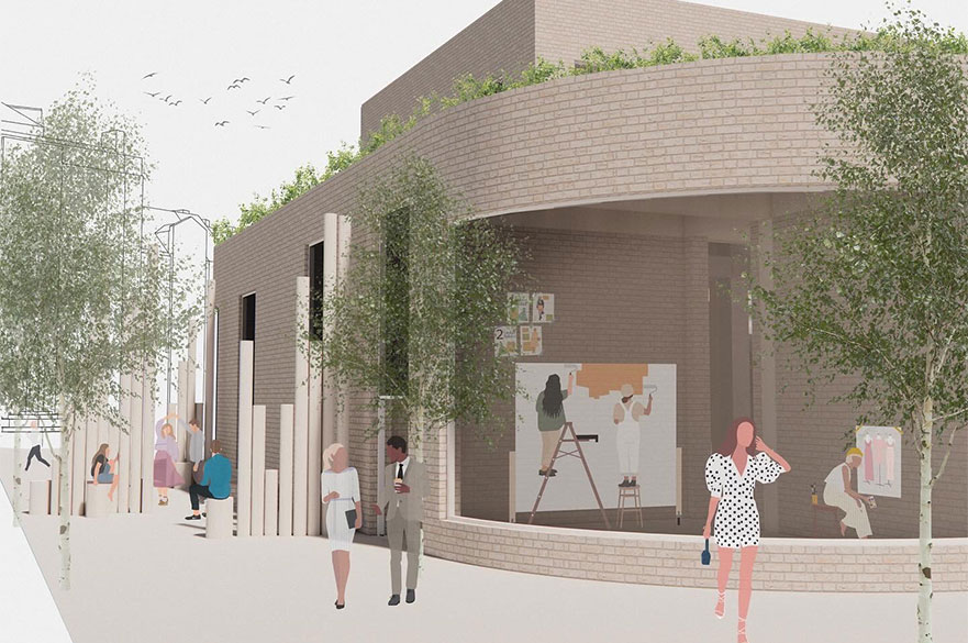 Render of a building with people walking outside of it