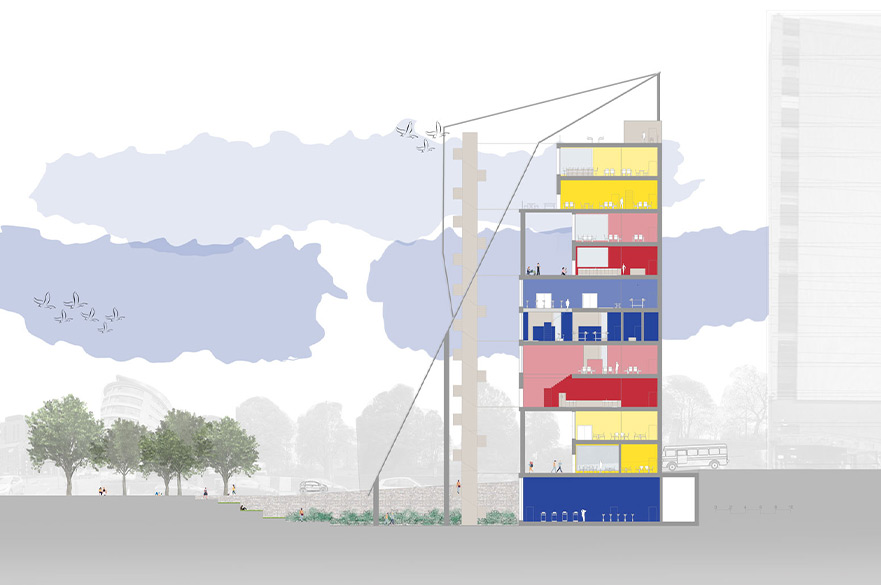 Drawing of a multi-colour building
