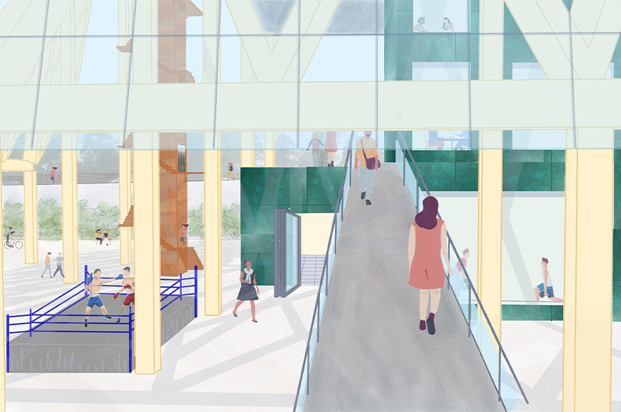 Drawing of the interior of a building with a glass roof and people walking and boxing in it