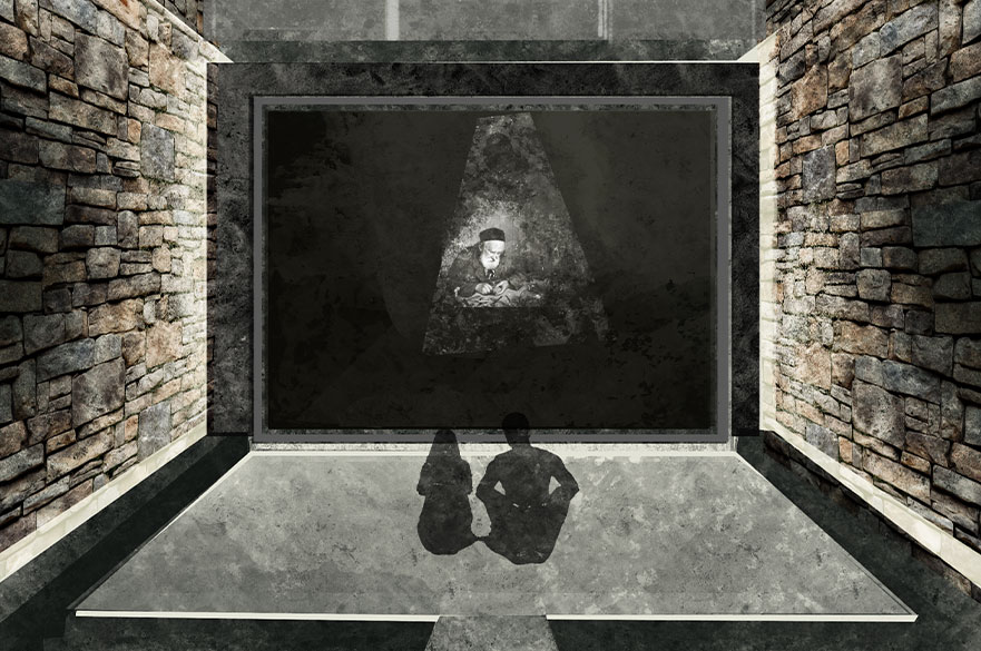 Two people sitting down and looking at a painting on a wall