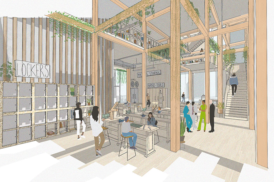 Drawings of the interior of a sustainable building with people walking and working