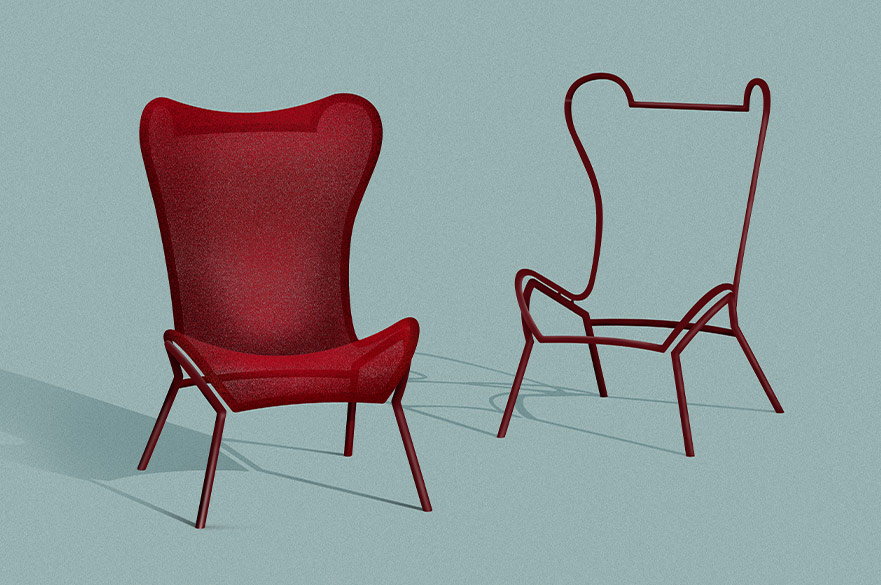 Green and wooden lounge chair displayed next to a tall window with the sun shining through