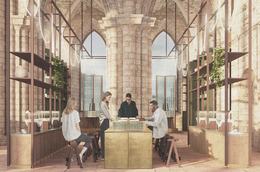 Render of individuals sat a table inside of a religious building