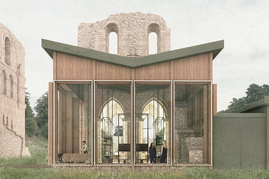 Render of a building built attached to ruins with large tall windows