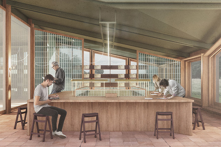 Render of individuals sat a table inside of a religious building