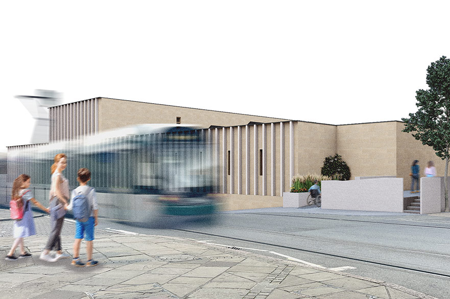 Render of new building in Nottingham with the tram passing past it and a family walking towards it