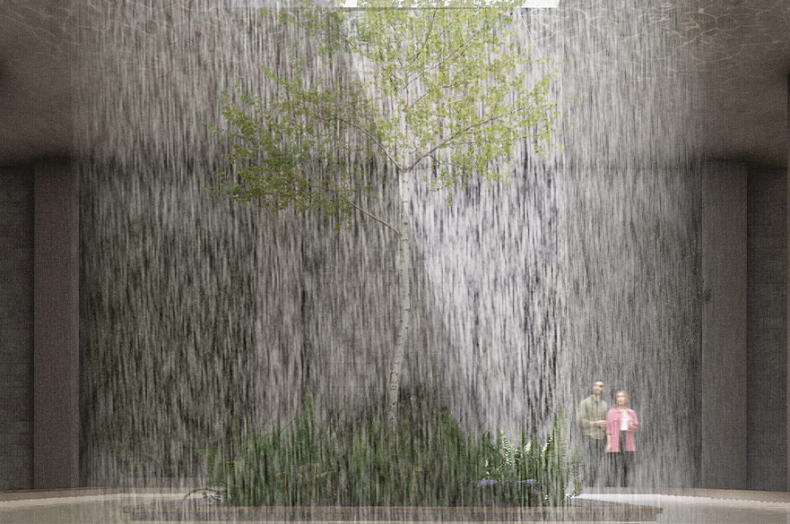 Render of a courtyard with rain falling into it