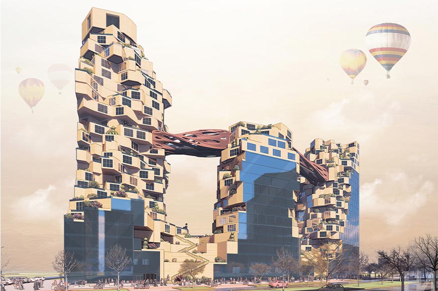 Render of a tall spiral buildings with connecting bridges