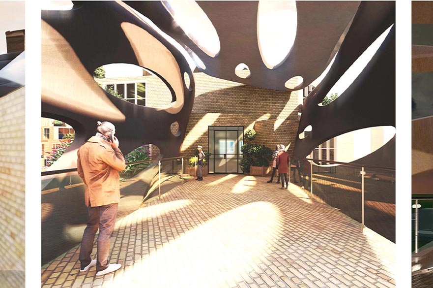 Render of the interior of a building with cobbled floor and round pillars letting sunlight through