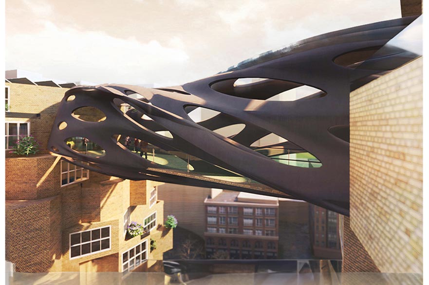 Render of a bridge connecting two buildings