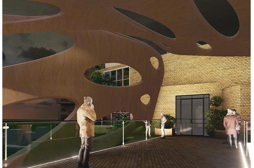 Render of the interior of a building with cobbled floor and round pillars letting sunlight through