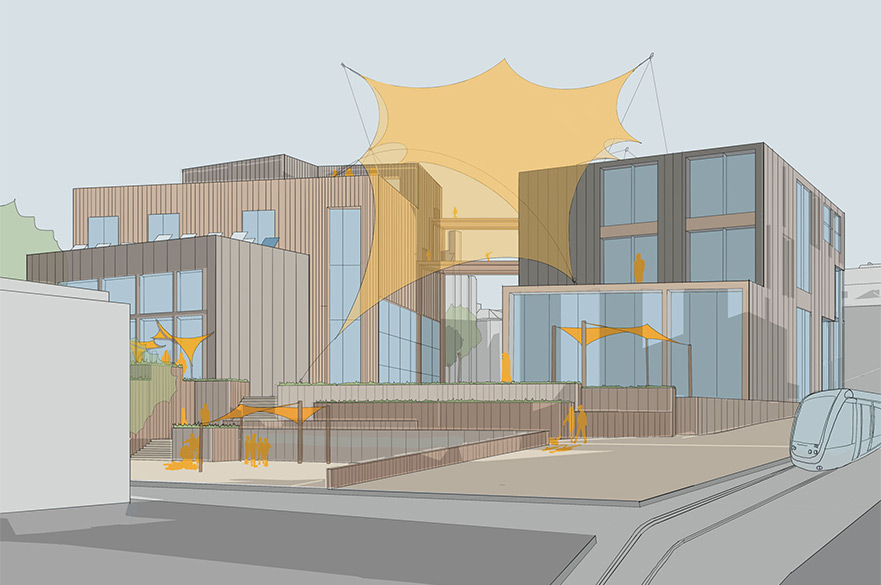 Drawing of a new building in Nottingham with a big tent-like structure covering it