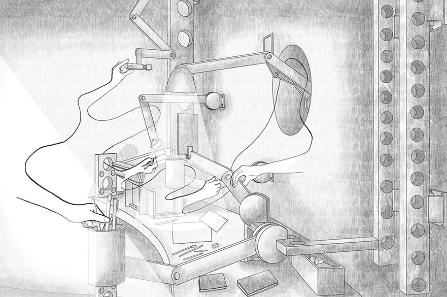 Pencil drawing of a machine in a room