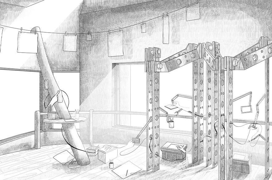 Pencil drawing of a drawing board with tripods