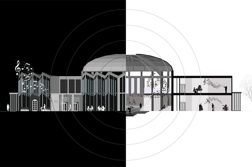 Drawings for a building with the background being half black and half white