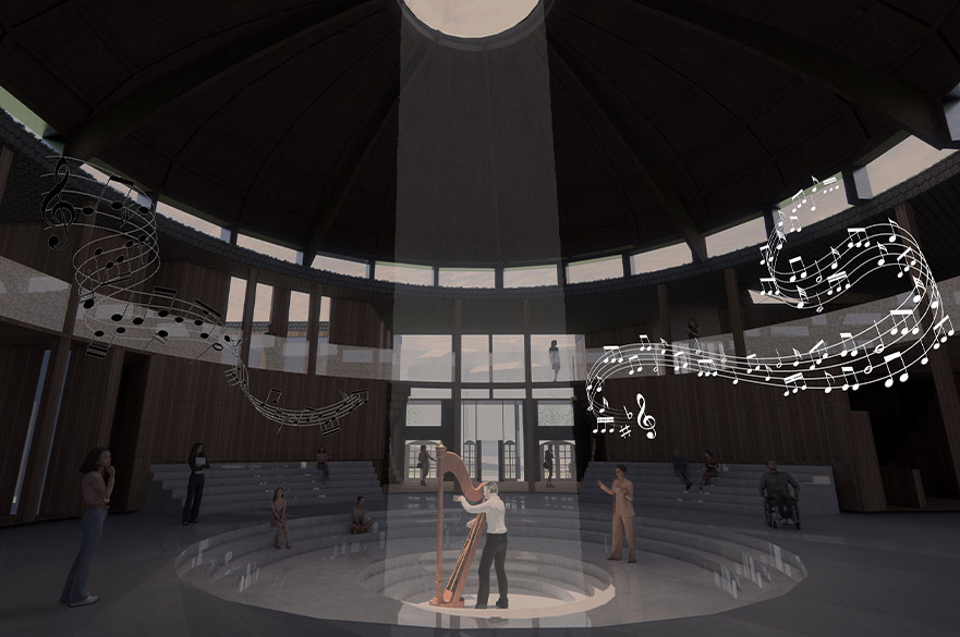 Render of the interior of a dome with light coming through the top and lighting a personal playing a violin
