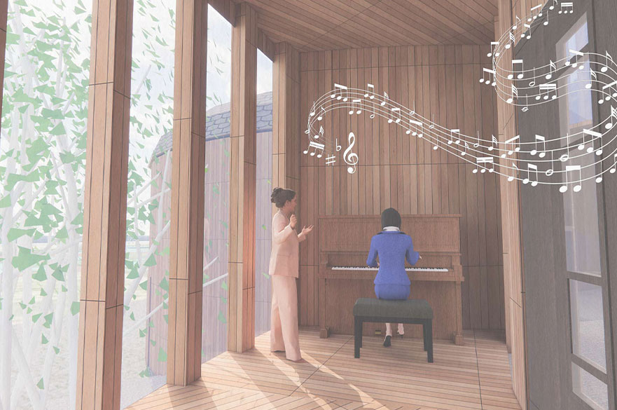 Render of a very bright room with two people playing the piano