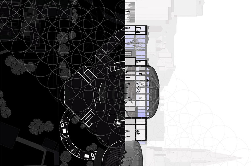 Drawings for a building with the background being half black and half white