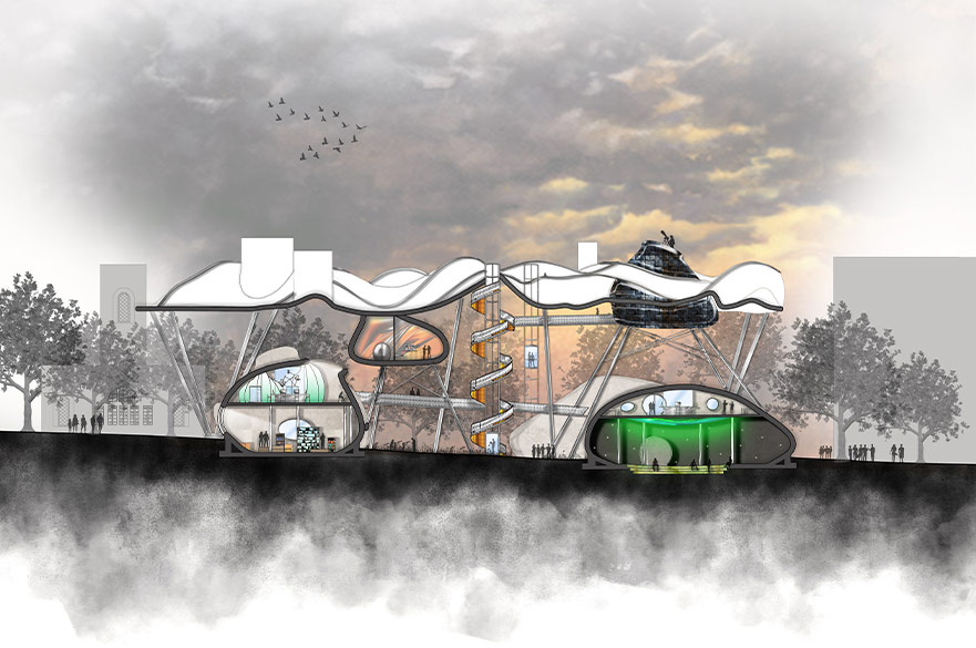 Render of a futuristic building with 'pod' style rooms