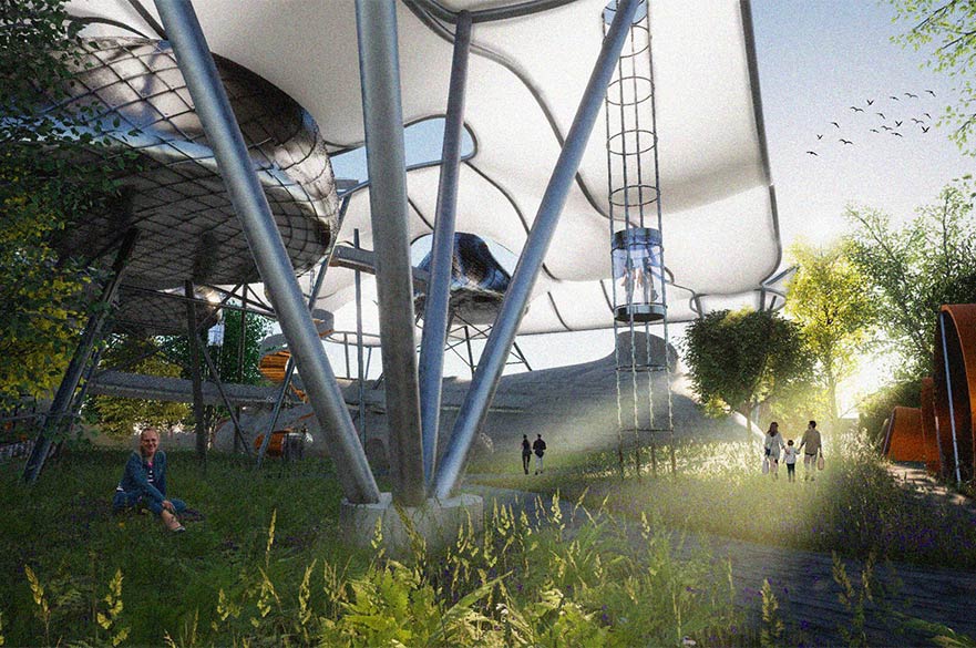 Interior of a futuristic building with a grass floor and areas for individuals to explore