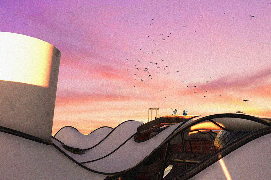 Render of the rooftop of a futuristic building with people walking on it and looking at the sunset.