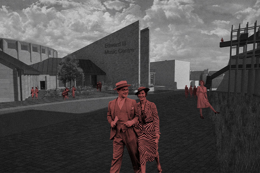 New music building with cutouts of people walking in front of it