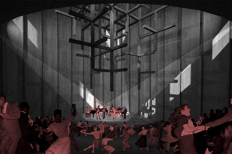 Performance on a stage with cutouts of people dancing and singing while they are watching