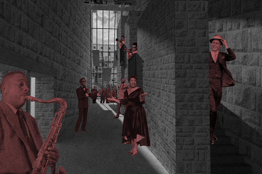 Hallway inside a building with cutouts of people walking and playing instruments