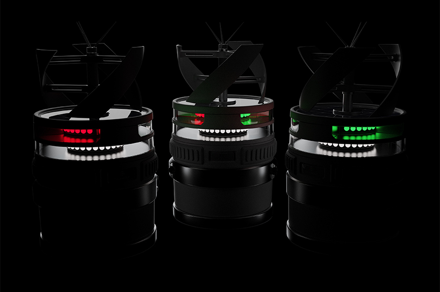 Three rendered camera lenses in the dark with LED lights